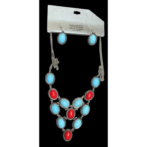 Southwestern Red And Faux Turquoise Cabochon Statement Necklace With Matching Ea - Picture 1 of 5